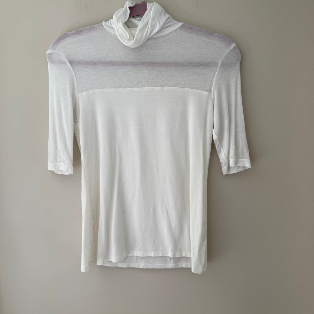 Marcella NYC White Sheer Panel Turtleneck Top Elbow Sleeve Tencel Jersey Small
